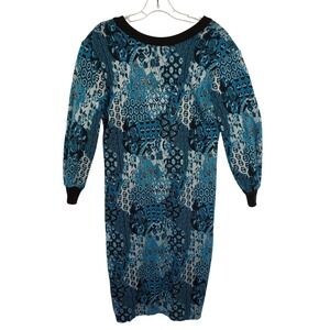 Molly B Knit Dress Womens Size M Blue Vintage V Neck Back Patterned Casual Comfy